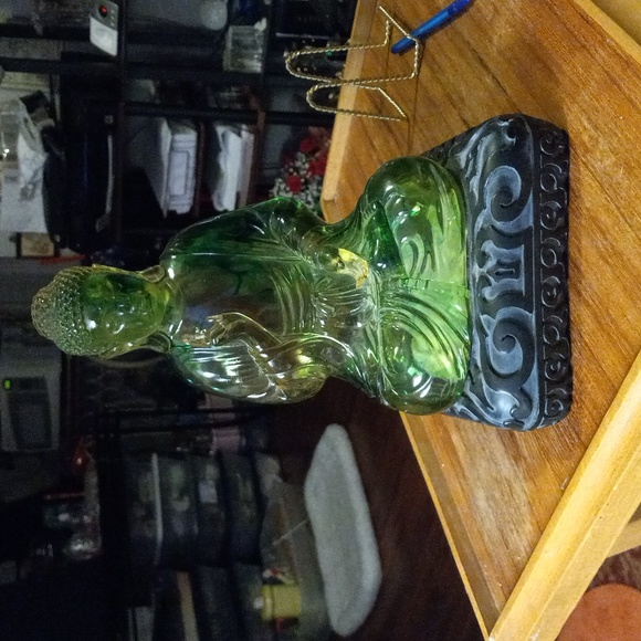 Green Lucite Budda On Black Base. Rare Fine